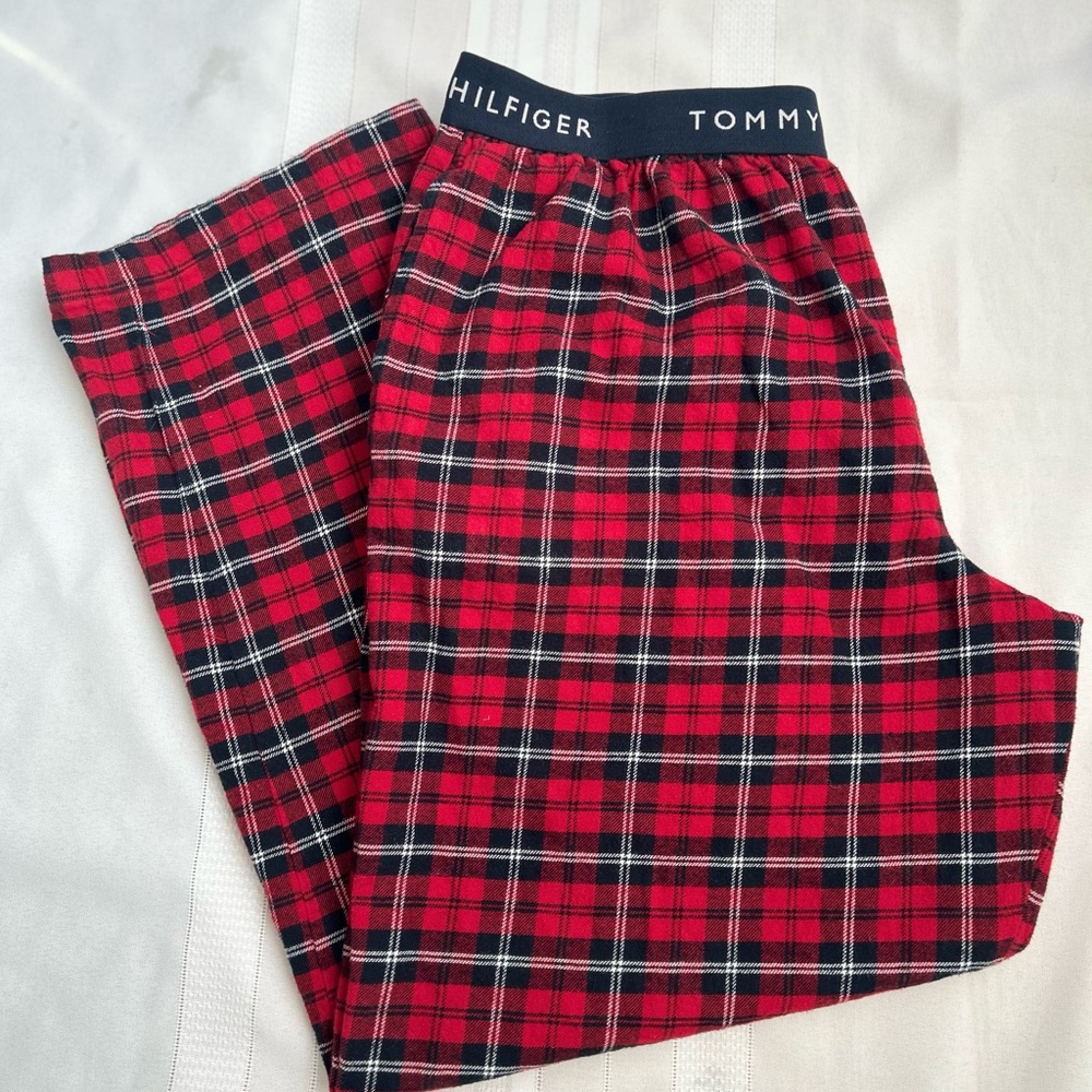 Tommy Hilfiger Red and Black Plaid Lounge Pants with Logo Waistband